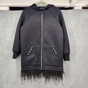 Liu Jo Milano Women Black Zip Hoodie Scuba Ostrich Feather Rhinestone Size 40